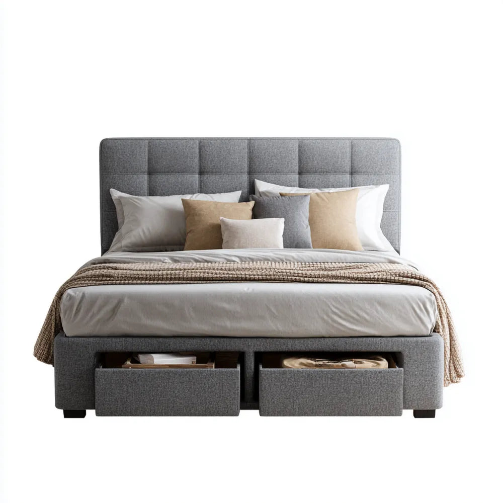Lit double en tissu capitonné 200x140x110 cm - Gris - Avec rangement